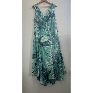 Vtg Signature by Robbie Bee Cowl Neck Midi Dress Womens L Palm Leaf 90s‎ Resort